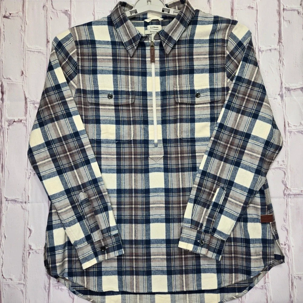 L.L.Bean Flannel Shirt Blue Brown Plaid Quarter Zip Soft Cotton Mens Large L